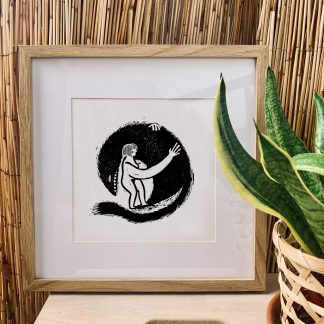 Print de mujer y su sombra de 20x20cm estampada a mano con linograbadp y blockprinting