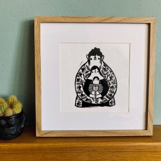 Print de matrioskas de 20x20cm estampada a mano con linograbadp y blockprinting